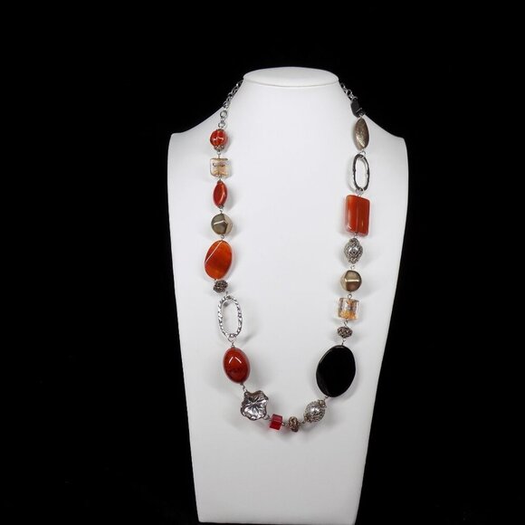 Premier Designs Long Necklace Black Orange Carnelian Agate Gemstone Silver-tone - Picture 4 of 13
